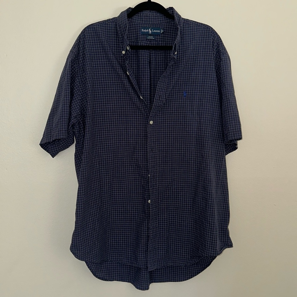 Ralph Lauren Shirt Mens Blue XL Short Sleeved Button Down Tattersall Check Blake